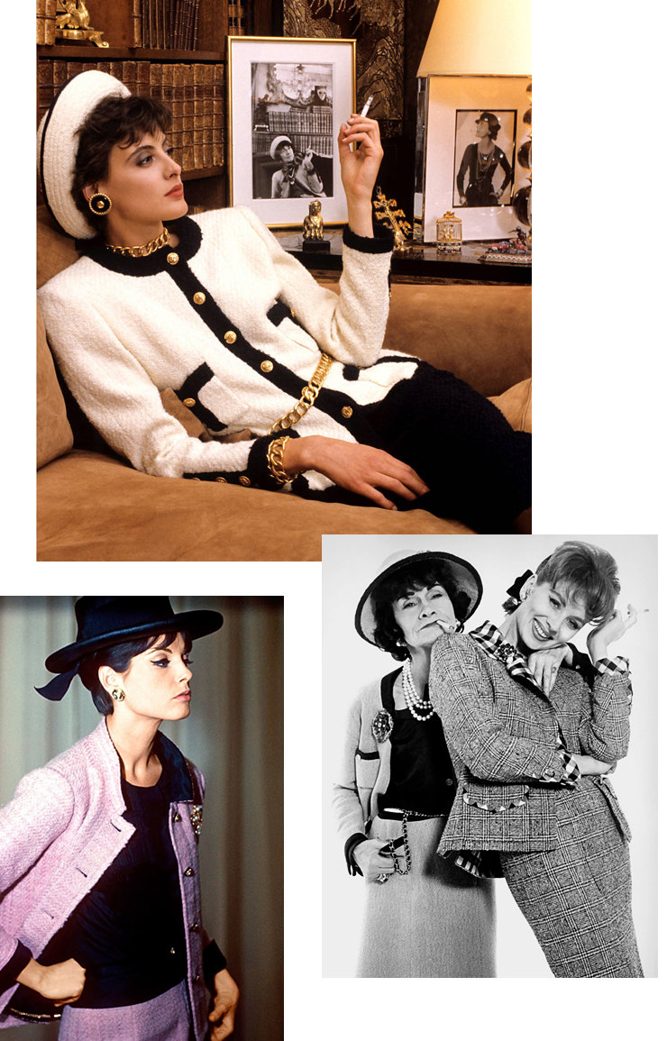 Слева направо: модель в классическом твидовом костюме Chanel, 1960 год; Инес де ля Фрессанж в апартаментах Chanel, 1981 год; Коко Шанель и Сьюзи Паркер, 1959 год