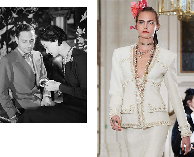 Коко Шанель и итальянский ювелир Фулько ди Вердура, 1937 год; деталь показа Chanel Métiers d