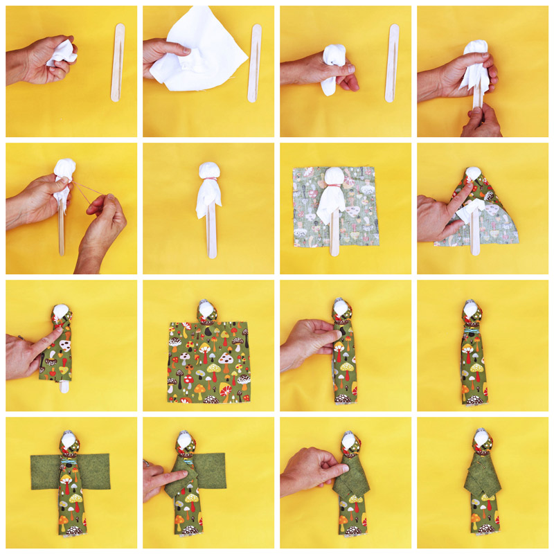 Learn how to make a doll with a craft stick and some fabric scraps. Inspired by Native American "Pieces Dolls."