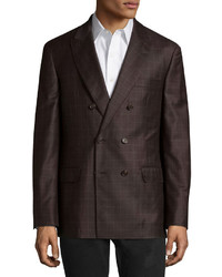 Dark Brown Check Wool Double Breasted Blazer