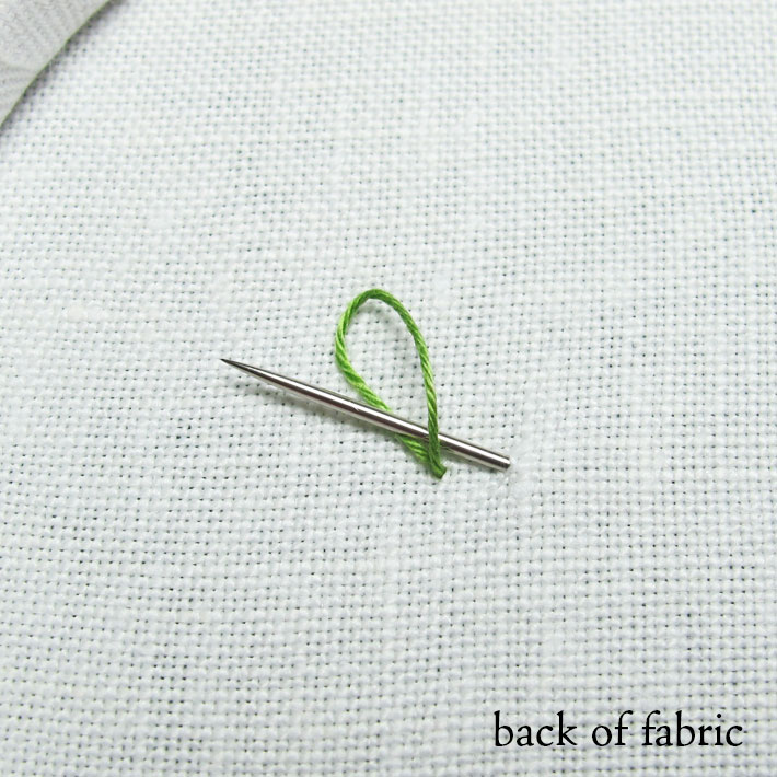 take the needle down into the fabric and inside the loop left on the back