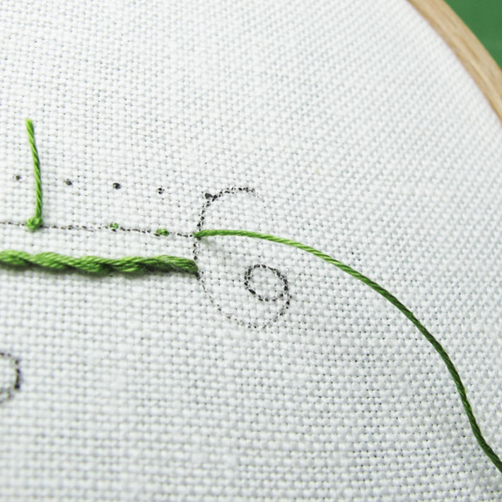 bring the thread to the front at the beginning of the design line