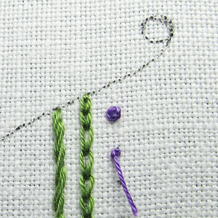 the French knot worked over the stab stitches