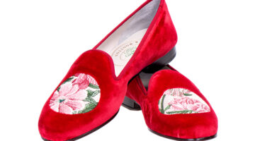 Peonies loafers in red velvet by John Derian for Stubbs & Wootton