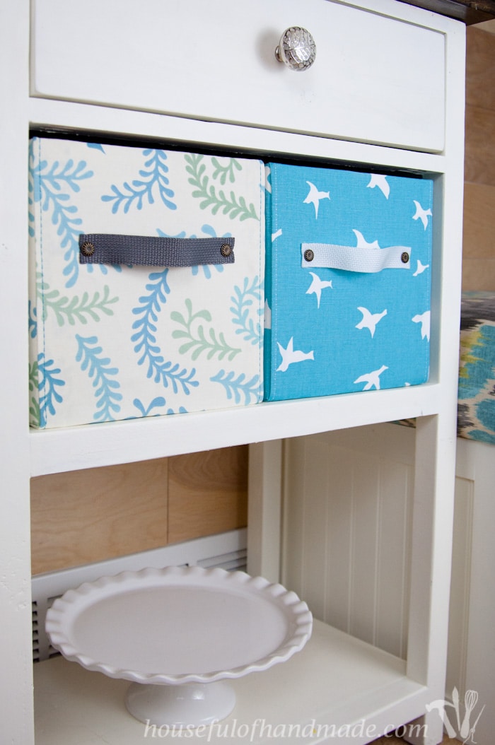 set of two fabric covered diy boxes shown in coffee station