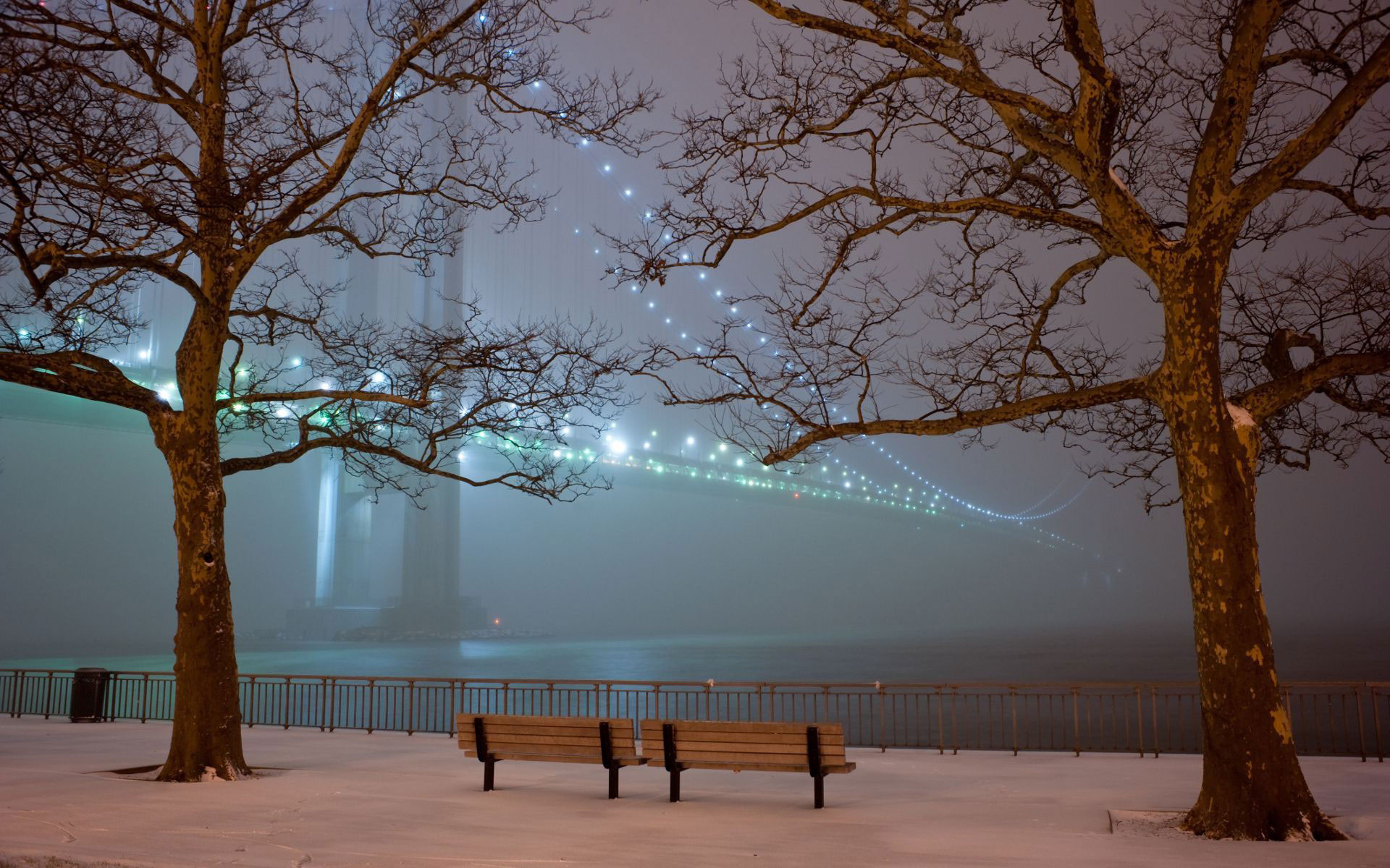 парк скамья мост в тумане с огнями успокаивающие картинки