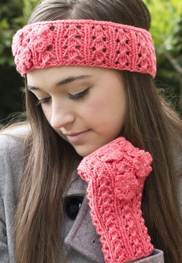 Free Knitting Pattern for Fun Floral Headband and Mitts
