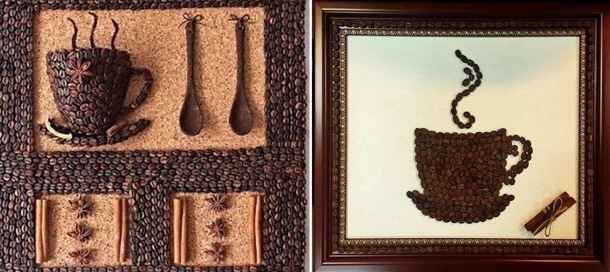 Кофейное панно можно украсить с помощью различных декоративных элементов: к примеру, с помощью палочки из корицы или сладостей