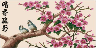 схема вышивки крестом сакура и птицы
