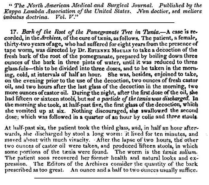 Documented case of castor oil being used successfully to expel tapeworms in 1828. Click to enlarge.