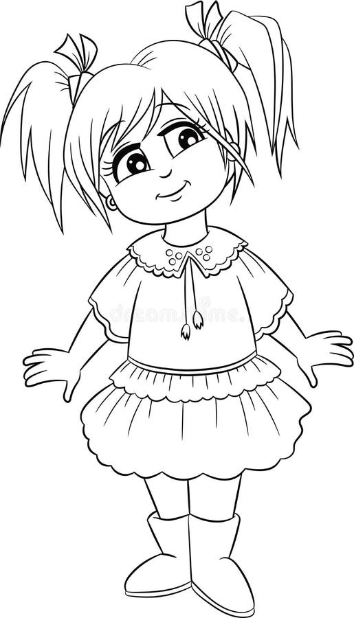 Adorable Kawaii black and white illustration of a little girl, in contour, perfect for children`s coloring book royalty free illustration