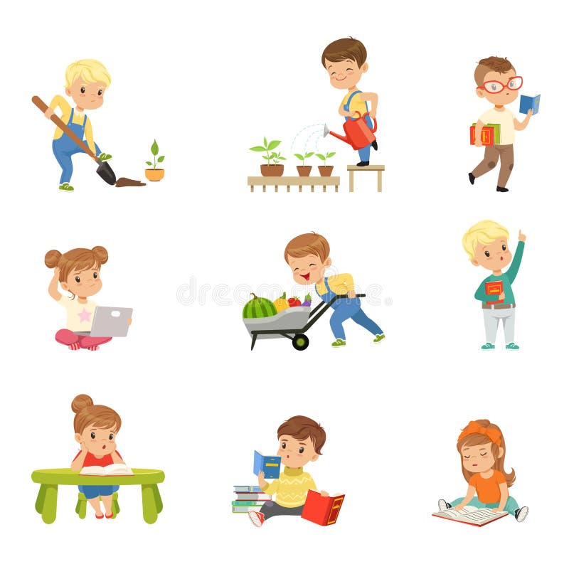 Adorable little kids reading books and working in the garden set, cute preschool children learning, studying and royalty free illustration