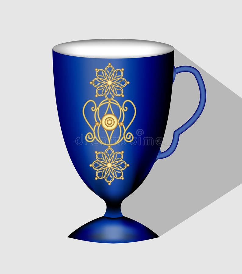 Antiquarian dark blue coffee cup with rich golden filigree patterns in victorian style. Nostalgic porcelain isolated 3d cup on lig. Ht gray background with long royalty free illustration