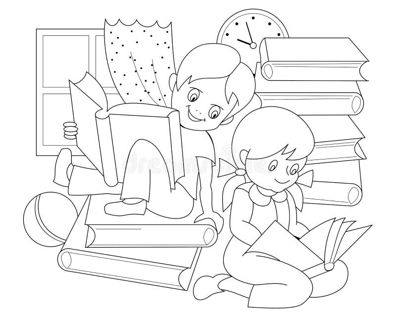 Black and white page for baby coloring book. Drawing of little boy and girl reading the books and fairy tales. vector illustration