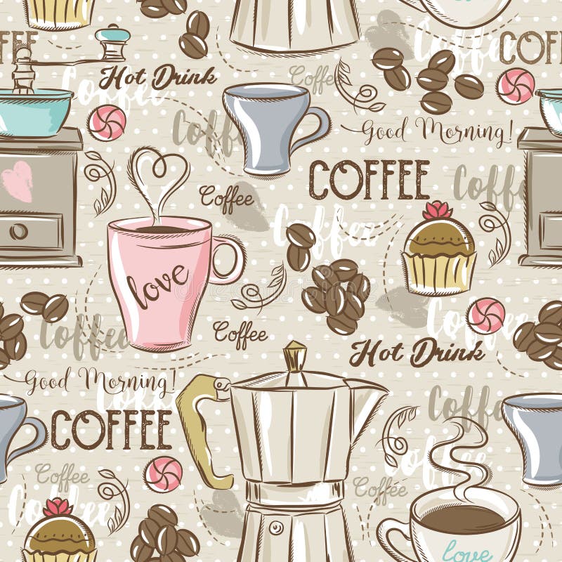 Beige seamless patterns with coffee set, coffee maker, muffin. Cup, flower and text. Ideal for printing onto fabric and paper or scrap booking vector illustration