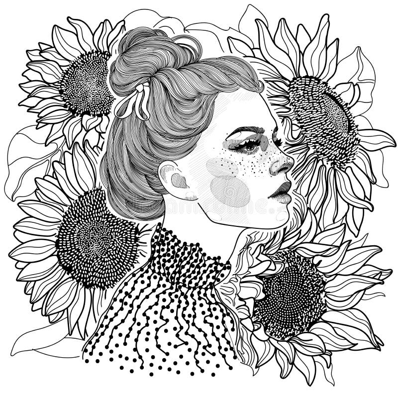 black and white girl against a background of sunflowers vector illustration