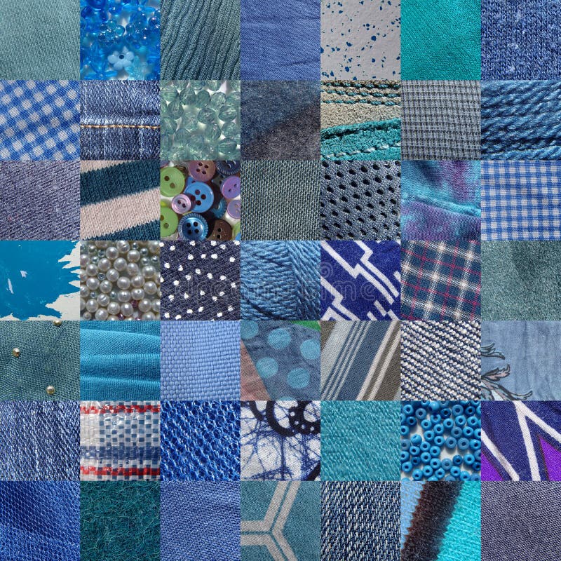 BLUE fabrics & other materials patchwork - 49 pictures royalty free stock image