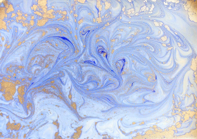 Blue and golden liquid texture. Watercolor hand drawn marbling illustration. Ink marble background. stock illustration