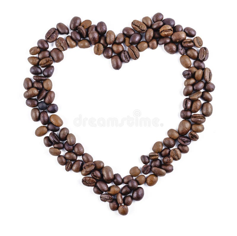 Coffee beans isolated on white background. heart pattern. Brown roasted coffee beans isolated on white background. heart pattern , top view studio shot royalty free stock photos