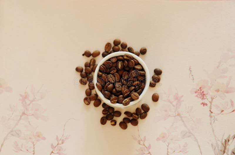 China specialty coffee concept. Roasted bean in white cup and on traditional chinese pattern background. Top view. China Yunnan specialty coffee concept. Roasted stock image