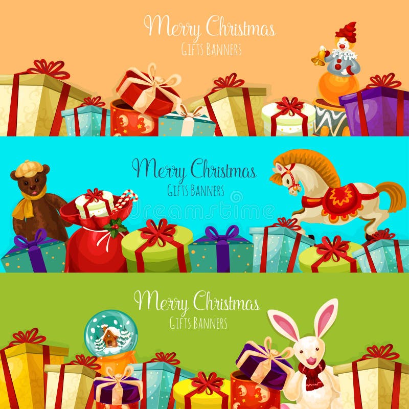 Christmas gift and toy banner set for xmas design stock illustration