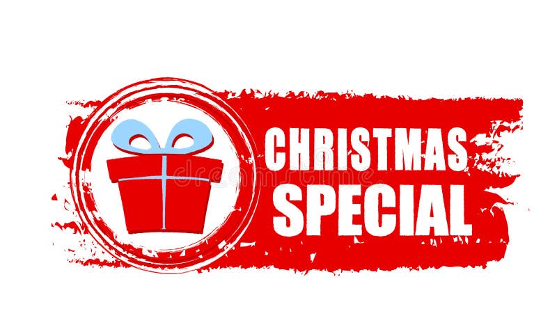 Christmas special and gift box on red drawn banner vector illustration