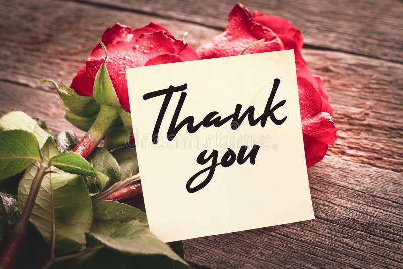 Close-up note with the words Thank you on a bouquet of red roses on a wooden background: the concept of gratitude and appreciation stock photo