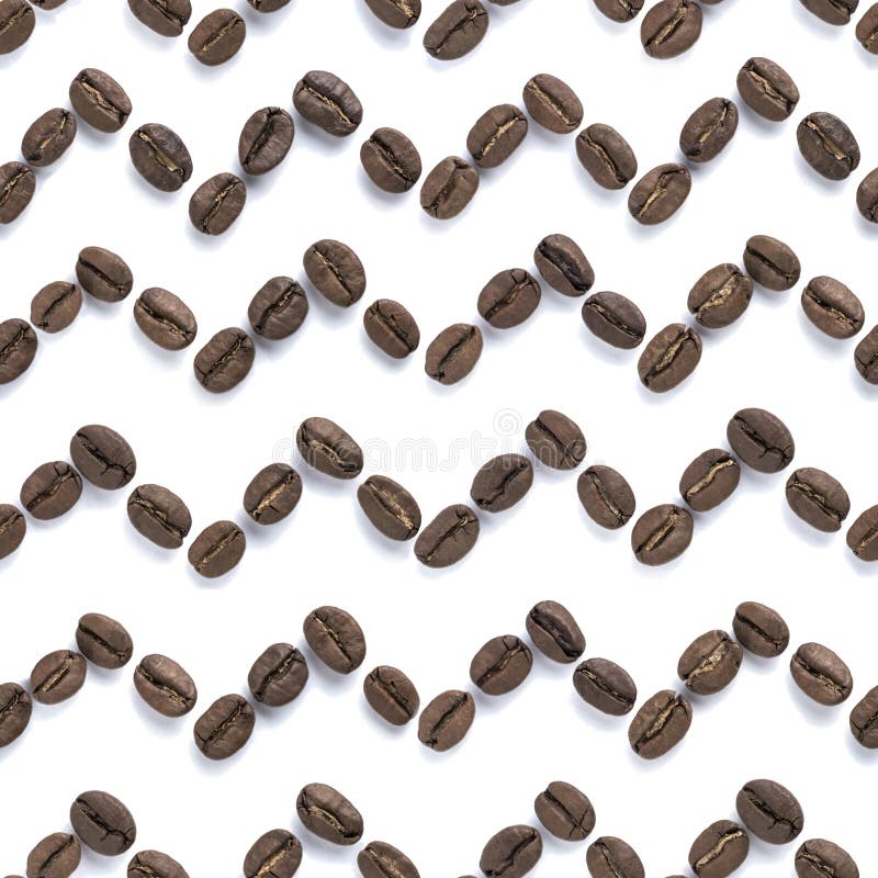 Coffee beans seamless pattern. Beautiful trendy zigzag seamless pattern of coffee beans closeup on white background. Coffee border design. Top view or flat lay stock photography
