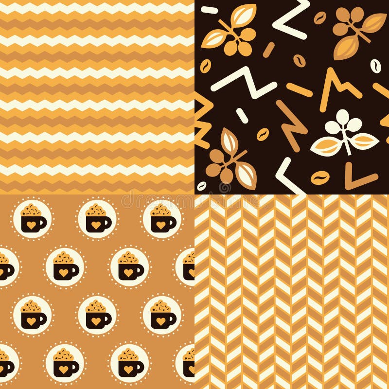 Coffee Patterns. Set of four coffee patterns including the coffee plant, beans and a cute coffee mug with cream and sprinkles stock illustration