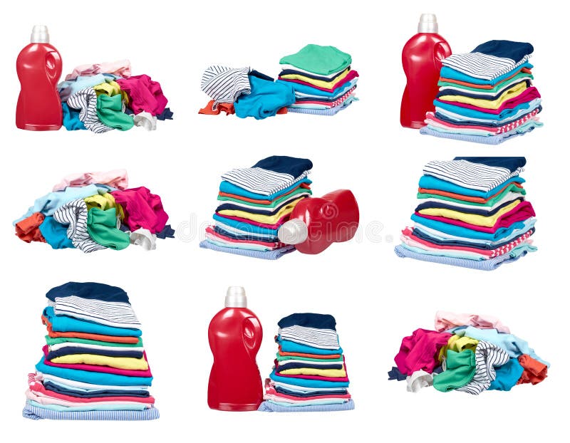 Colored cloth pile, stacked washing textile, set and collection stock photo
