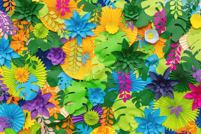 Colorful tropical paper flower background. multicolored Flowers and leaves made of paper royalty free stock image