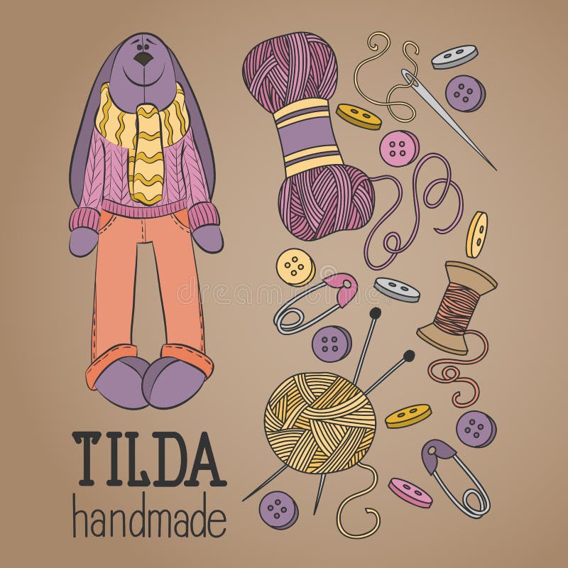 Colorful vector hand drawn set of object Hand Made Tilde doll hare cartoon doodle royalty free illustration