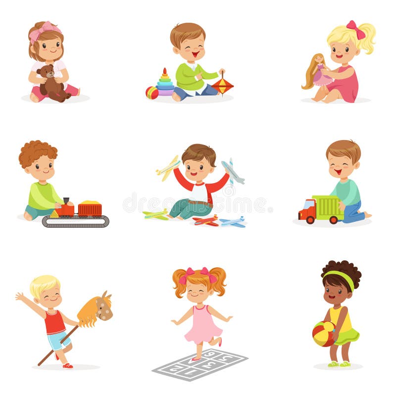 Cute Children Playing With Different Toys And Games Having Fun On Their Own Enjoying Childhood. stock illustration
