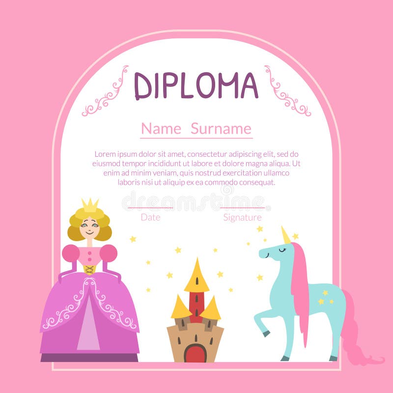 Cute Diploma Template for Girls with Place For Your Text, Preschool, Kindergarten Children Certificate with Princess stock illustration
