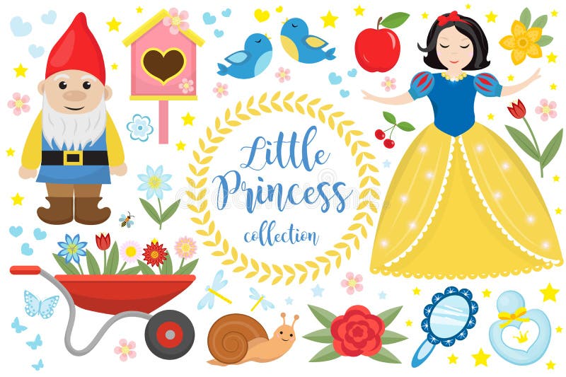 Cute fairytale princess snow white set objects. Collection design element with a little pretty girl, gnome, apple stock illustration