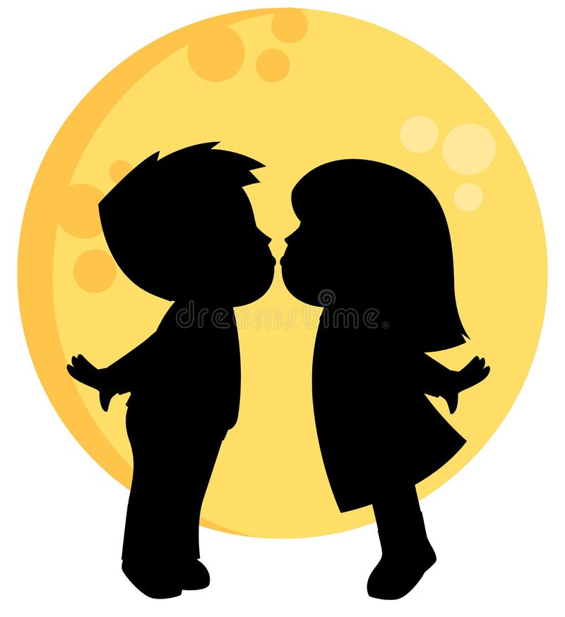 Cute Little Boy and Girl Kissing Silhouette with a Full Moon Behind Them Valentines Day Vector Illustration Isolated on White vector illustration
