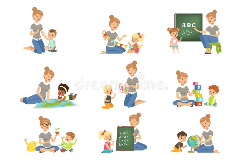 Cute little boys and girls playing and studying set, children study the alphabet, geography, biology, mathematics in royalty free illustration