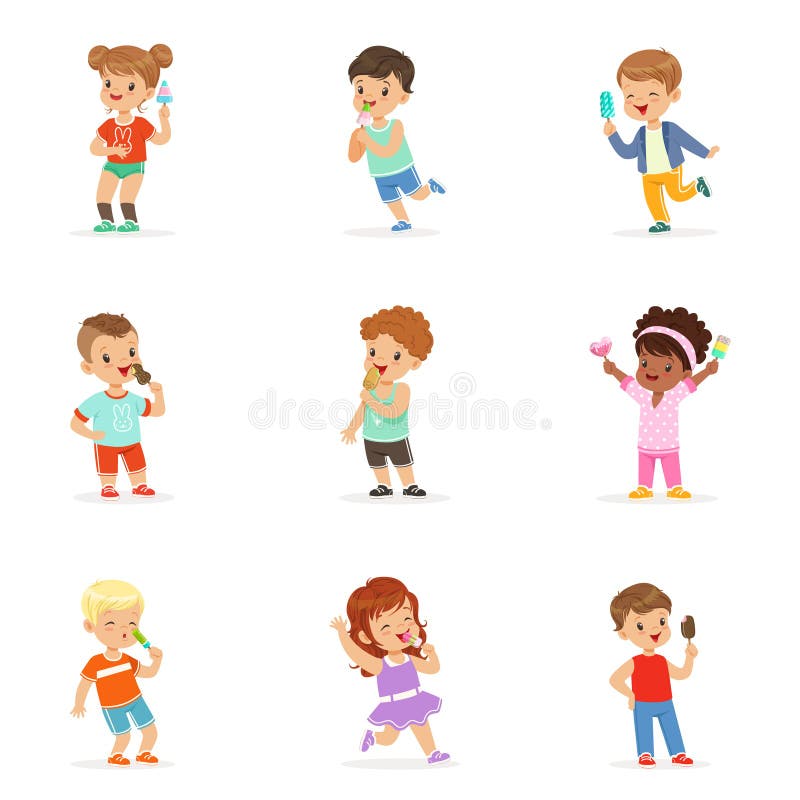 Cute little children eating ice cream. Happy children enjoying eating with their ice cream. Cartoon detailed colorful royalty free illustration