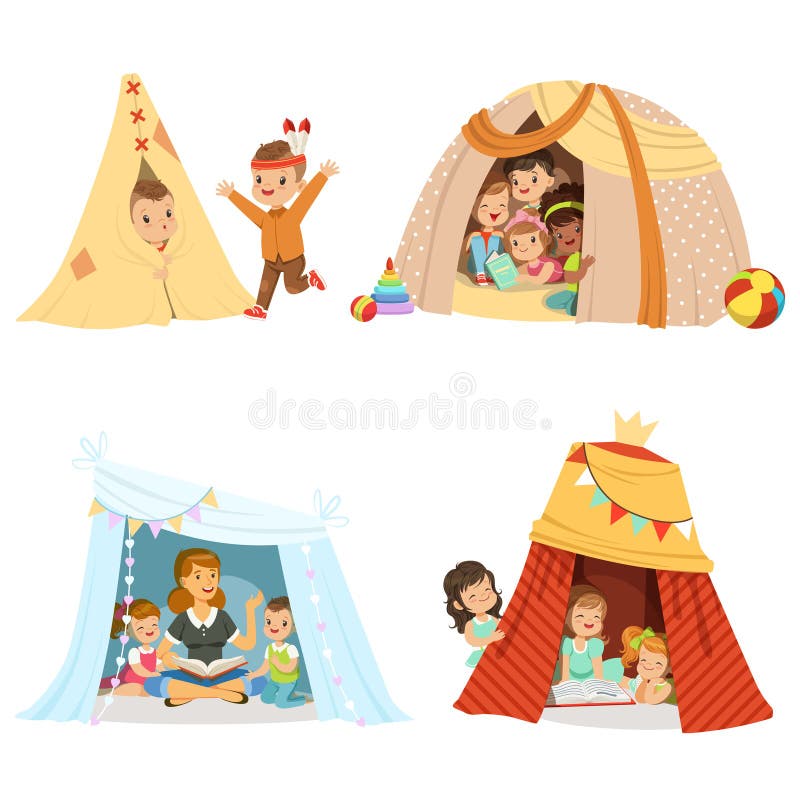 Cute little children playing and sitting in a tent teepee, set for label design. Cartoon detailed colorful Illustrations stock illustration