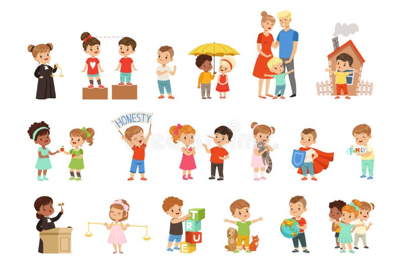 Cute little children protecting their family, friends, animals and the planet set vector Illustrations on a white royalty free illustration