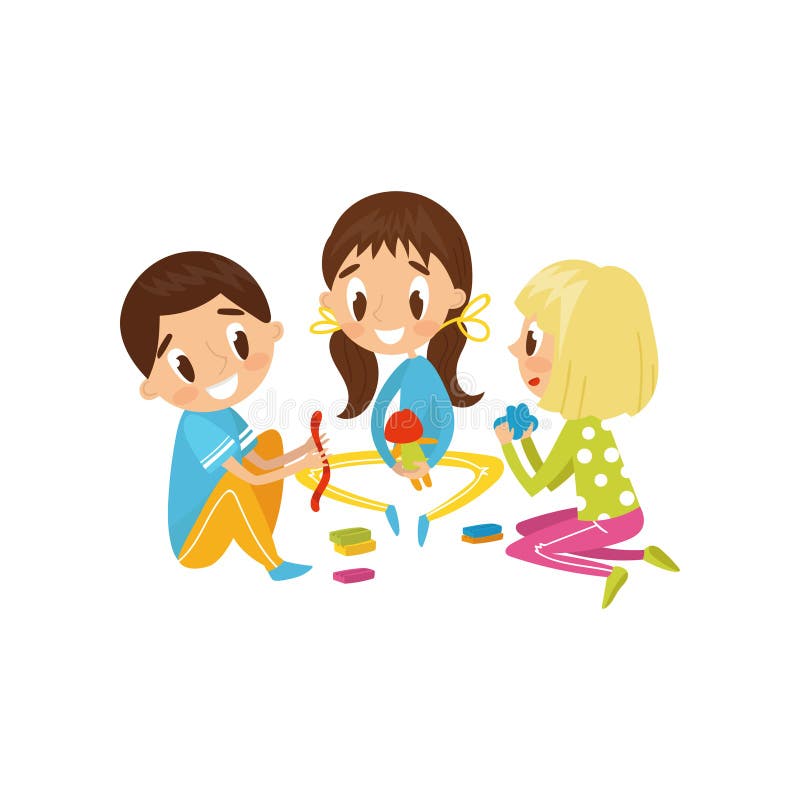Cute little kids making figures from a plasticine, education and child development concept vector Illustration on a. Cute little kids making figures from a stock illustration