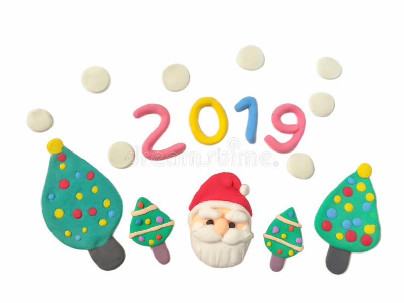 Cute Santa Claus, Christmas tree plasticine clay, number 2019 new year dough vector illustration