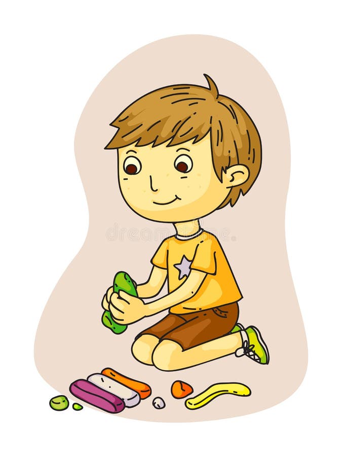 Cute smiling little boy making plasticine figures vector illustration