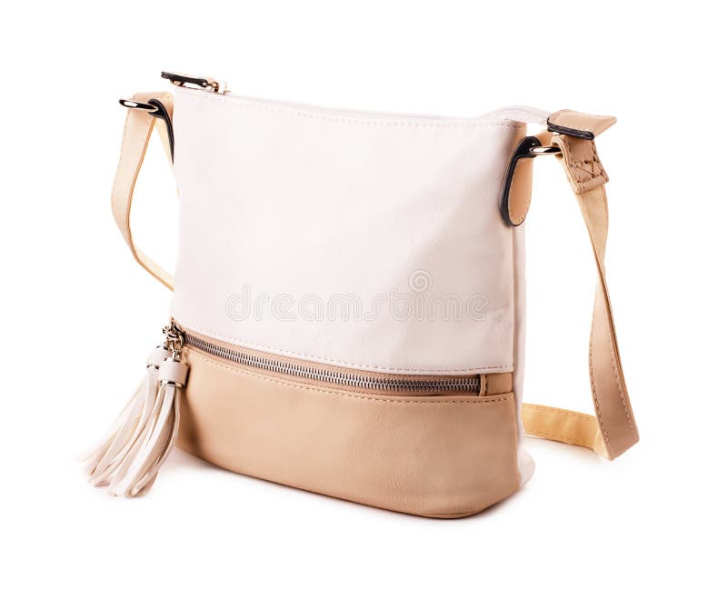 Elegant leather beige woman`s handbag stock images