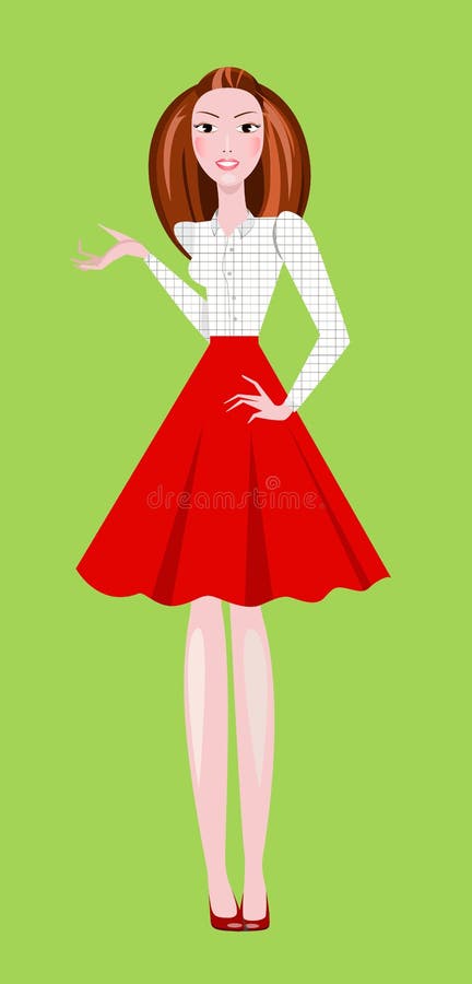 Fashion illustration of girl wearing red skirt and white squared blouse stock illustration