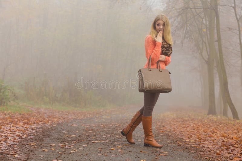 Fashion woman with handbag posing in autumn park. Fashionable woman posing in foggy autumn park. Pretty young girl in sweater pullover with handbag in forest royalty free stock photography