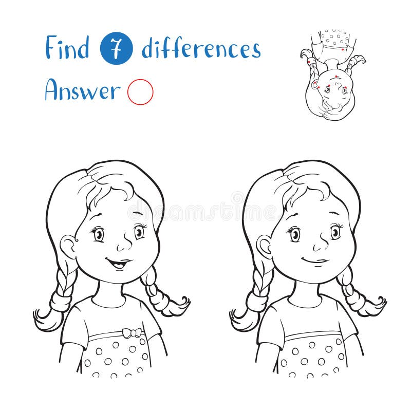 Find 10 differences. Black and white portrait of a girl vector illustration