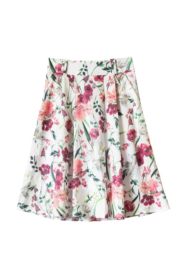Flared skirt isolated. Colorful floral printed flared skirt on white background stock photography