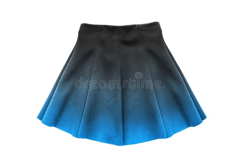 Flared skirt isolated. Flared blue and black ombre mini skirt on white background royalty free stock images