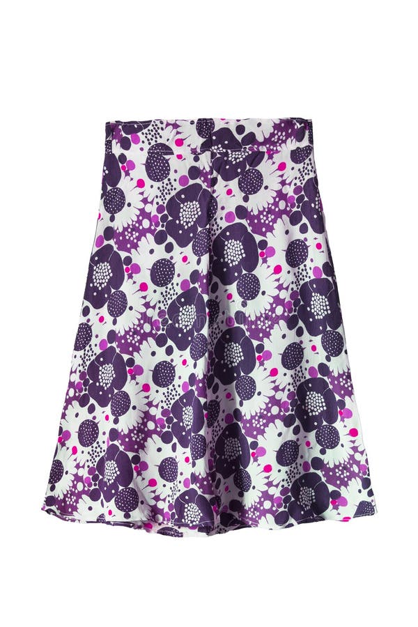 Flared skirt isolated. Purple floral flared silk skirt on white background royalty free stock photo